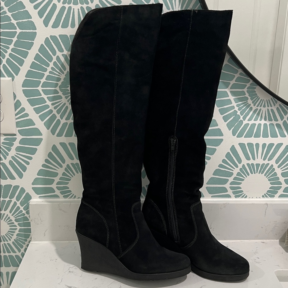 Aldo Black Suede Knee-High Wedge Boots